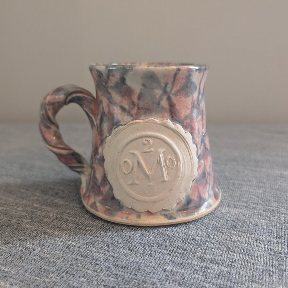 Handmade Pink/Blue/Beige Pottery Mug with "M", Twisted Handle